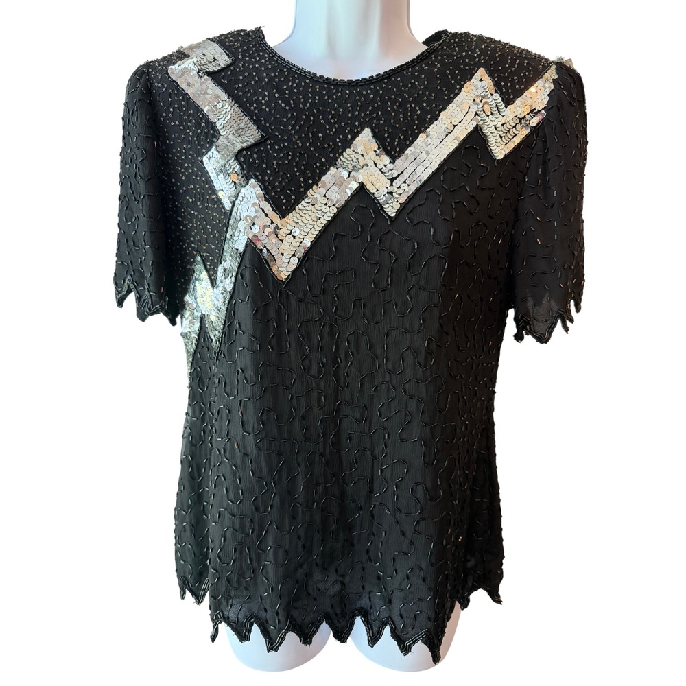 Vintage Scala Beaded Sequin Silk Blouse Lightning Bolt Black Silver Petite Large